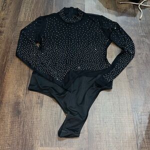 Black mesh rhinestone bodysuit